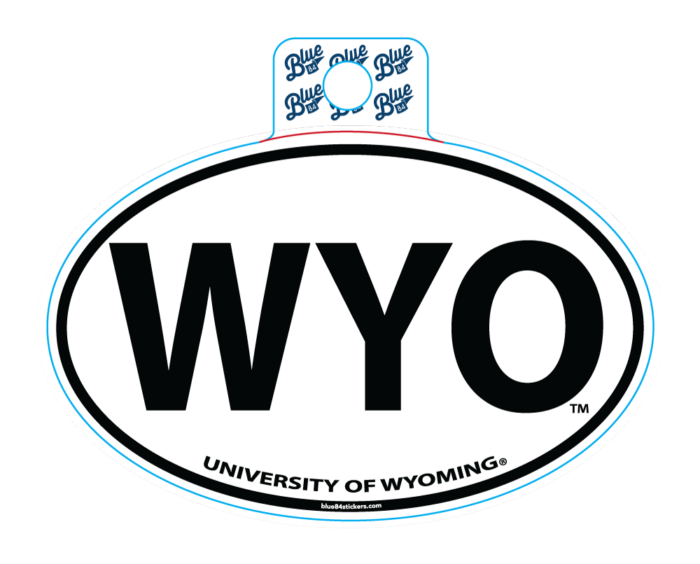 Oval decal with black boarder and black wyo in center. university of wyoming in black at bottom