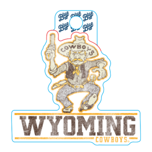 retro pistol pete with wyoming, in brown, and cowboys, in gold at bottom. pete is brown and gold