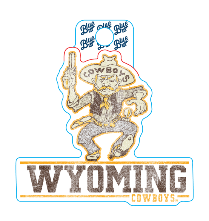 retro pistol pete with wyoming, in brown, and cowboys, in gold at bottom. pete is brown and gold