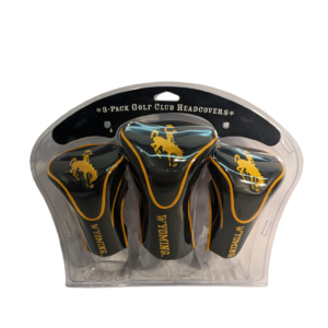 black and gold three-piece golf head set. Black blase with gold seams and trim