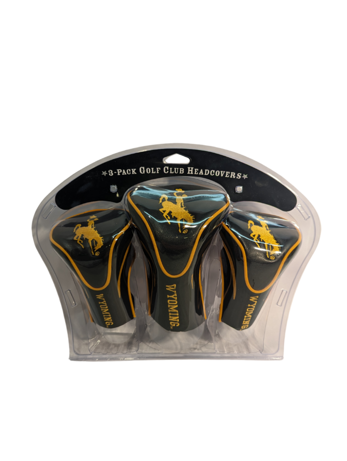 black and gold three-piece golf head set. Black blase with gold seams and trim