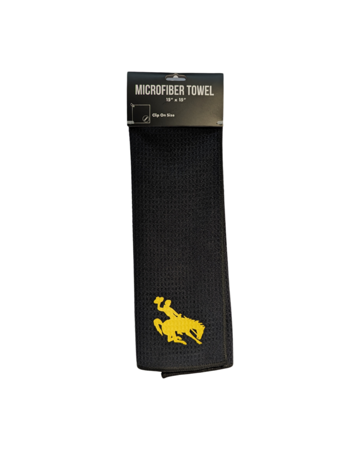 Black microfiber towel with gold bucking horse on corner