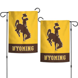 Double sided garden flag. Design is wyoming in gold with brown background at bottom and brown bucking horse with gold background on center