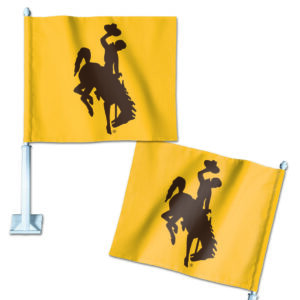 car flag with gold background and large brown bucking horse in center.