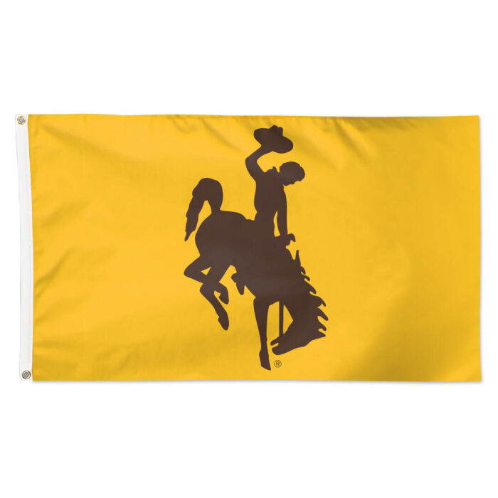 Gold three by five flag with brown bucking horse in center