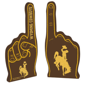 brown foam finger with large bucking horse on back and smaller bucking horse on front under fingers. wyoming cowboys in pointer