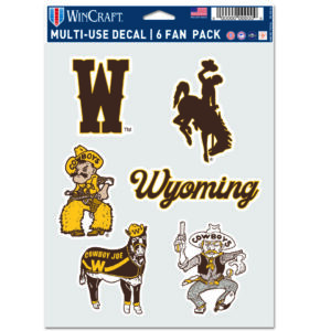 Assorted decal pack including, pistol pete, cowboys joe, bucking horse, and script wyoming. all in brown with gold outline