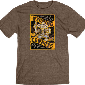 Brown short sleeve tee with retro pistol pete. Pete in center with arced wyoming at top and arced cowboys at bottom. Born and bred above cowboys