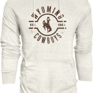 white hooded long sleeve tee. Design is center chest and in brown. At top, wyoming arced with half circle and bucking horse under. Cowboys at bottom arced