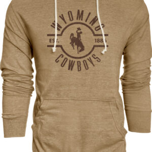 russet brown hooded long sleeve tee. Design is center chest and in brown. At top, wyoming arced with half circle and bucking horse under. Cowboys at bottom arced