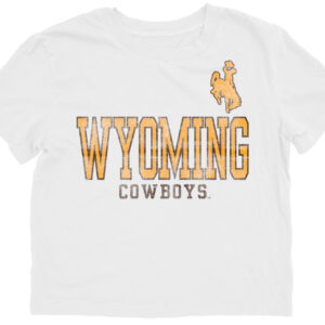 White short sleeve tee. Design is front center chest. Wyoming in gold with brown outline with cowboys in brown under. gold bucking horse left upper chest