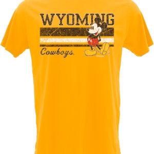 Gold short sleeve tee with wyoming at collar in brown with brown and white stripes and cowboys under. Mickey mouse to the left of design