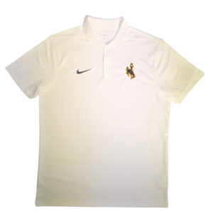 White polo with black Nike swoosh on right chest and brown bucking horse with gold outline on left chest