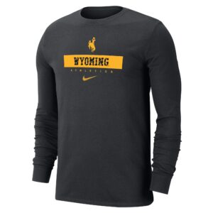 Black long sleeve tee with all gold design. bucking horse at top with boxed wyoming, wyo is black, with athletics and swoosh under.