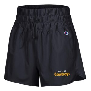 Black running shorts. Small wyoming, in white, cowboys, in gold, on left lower thigh