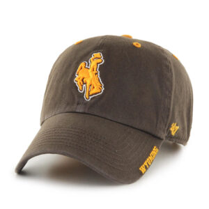 brown adjustable hat with gold embroidered bucking horse with white outline on front. wyoming on brim in gold