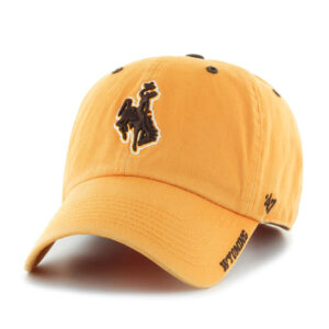 gold adjustable hat with brown embroidered bucking horse with white outline on front. wyoming on brim in brown