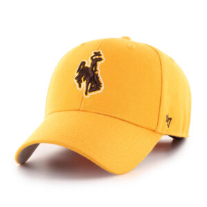 gold adjustable hat with brown embroidered bucking horse with white outline on front.