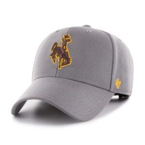 Grey adjustable hat with embroidered brown bucking horse with gold outline on front