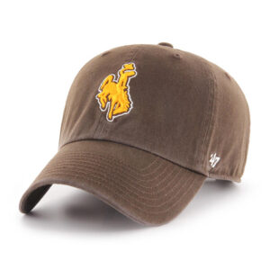 Brown Adjustable hat with embroidered gold bucking horse with white outline on front