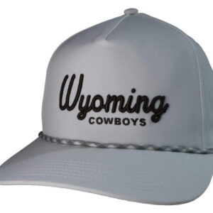 white flat brim hat with black script embroidered wyoming with block cowboys under. grey and white paracord on brim