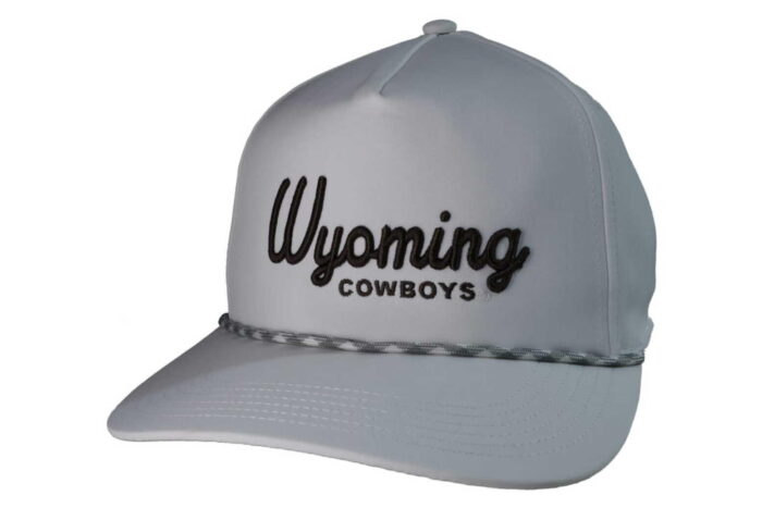 white flat brim hat with black script embroidered wyoming with block cowboys under. grey and white paracord on brim