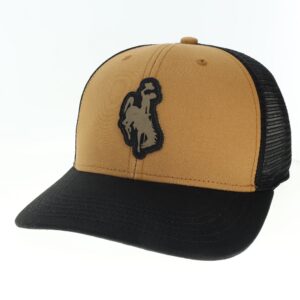 Adjustable hat with brown two-panel front and black brim and mesh backing. Patch on front of bucking horse in tan with black outline