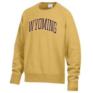 gold crewneck sweatshirt with arced wyoming center chest in brown with white outline