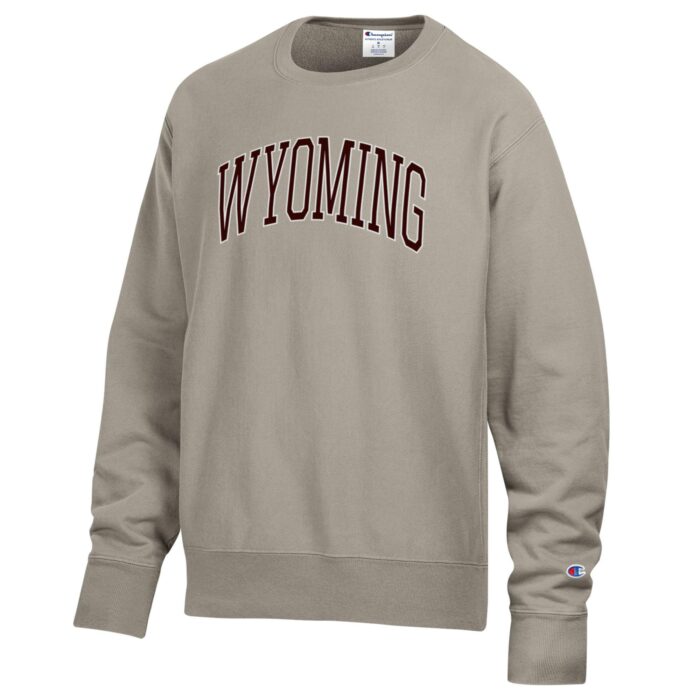 Beige crewneck sweatshirt with arced wyoming center chest in brown with white outline