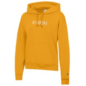 Gold hooded sweatshirt with block Wyoming in White at center chest