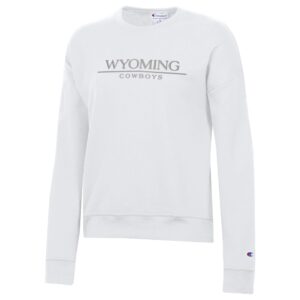 White crewneck sweatshirt with tonal embroidery, center chest, Wyoming cowboys with line between