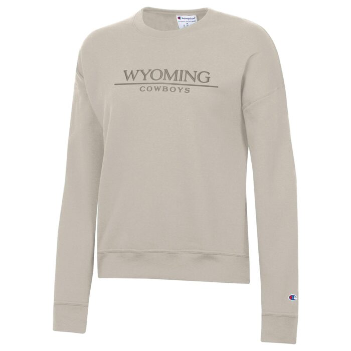 tan crewneck sweatshirt with tonal embroidery, center chest, Wyoming cowboys with line between