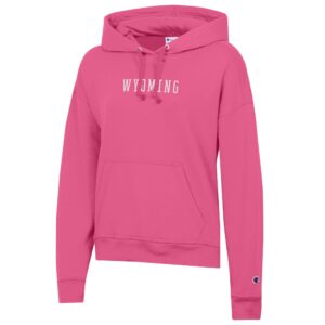 pink hooded sweatshirt with block wyoming in white at center chest