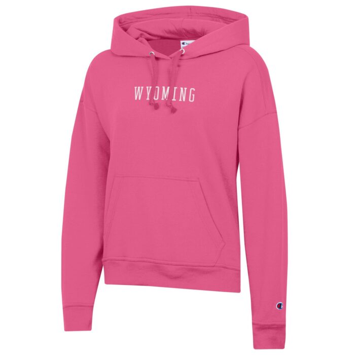 pink hooded sweatshirt with block wyoming in white at center chest