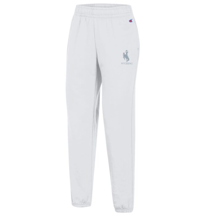 White jogger pants with closed bottom leg. Tonal silver bucking horse and wyoming on left leg on pocket.