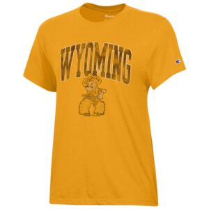 gold short sleeve tee with brown, large, arced distressed wyoming with in color pistol pete under. Pete is gold and tan