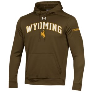 brown hooded sweatshirts with arced wyoming in white with gold outline and bucking horse under, center chest. gold cowboys on left sleeve