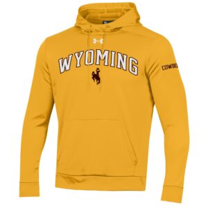 Gold hooded sweatshirts with arced wyoming in white with brown outline and bucking horse under, center chest. Brown cowboys on left sleeve