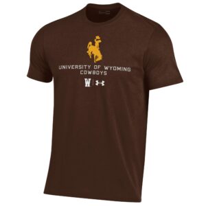 Brown short sleeve tee. Design is center chest, gold bucking horse at top with white university of wyoming cowboys under. W and UA logo under