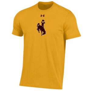 Gold short sleeve tee with medium sized bucking horse in brown with gold outline center chest. Small under armor logo at neck