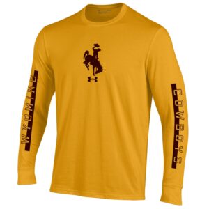 gold log sleeve tee with brown bucking horse on chest. wyoming and cowboys outlined in brown with brown stripe behind on sleeves