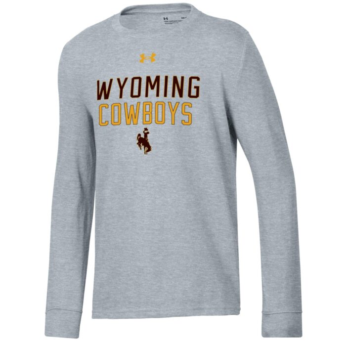 Grey long sleeve tee with wyoming, in brown, cowboy in gold, stacked, center chest.