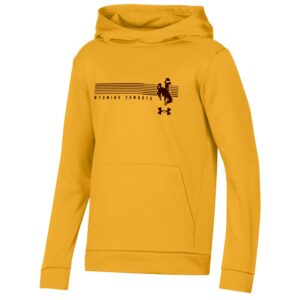 Gold youth hooded sweatshirt with brown stripes and bucking horse in center chest with wyoming cowboys under stripes.