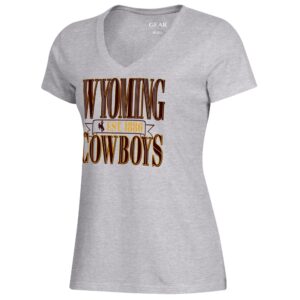 grey short sleeve tee with block wyoming cowboys in brown center chest, with Est. 1886 between in gold with bucking horse to the right.