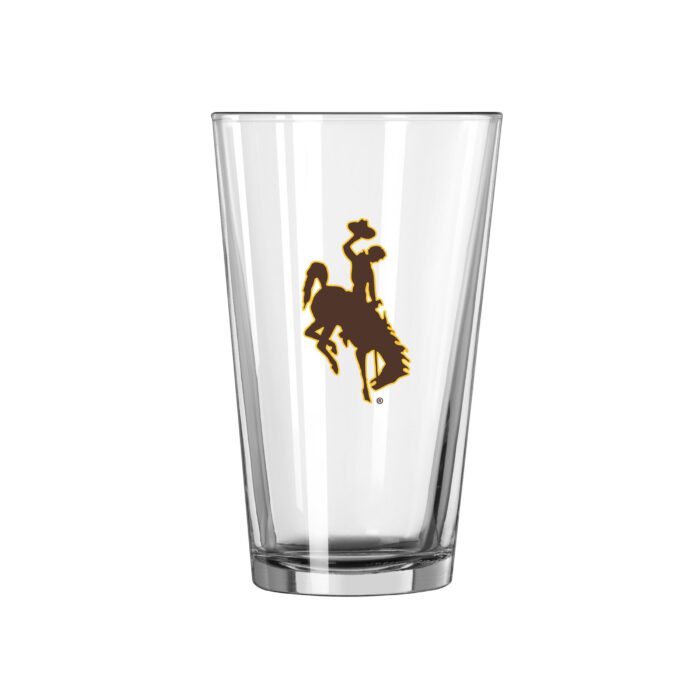 16-ounce glass cup with brown bucking horse with gold outline on one side.