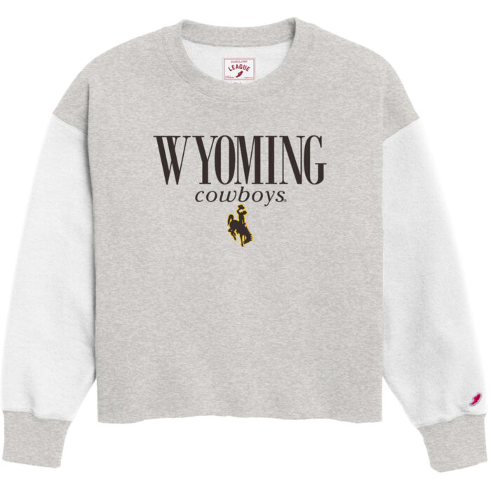 Grey crewneck with white sleeves. Wyoming in large text wit cowboys in small text below n brown. brown bucking horse at bottom