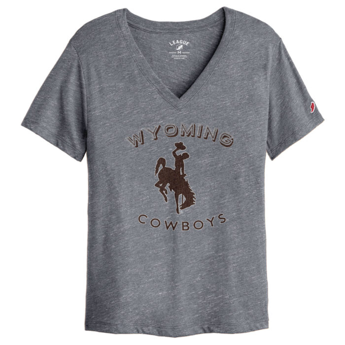 grey v-neck tee with arced wyoming in brown bubble lettering. Bucking horse under in all brown and cowboys below. design is middle tee