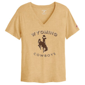 gold v-neck tee with arced wyoming in brown bubble lettering. Bucking horse under in all brown and cowboys below. design is middle tee