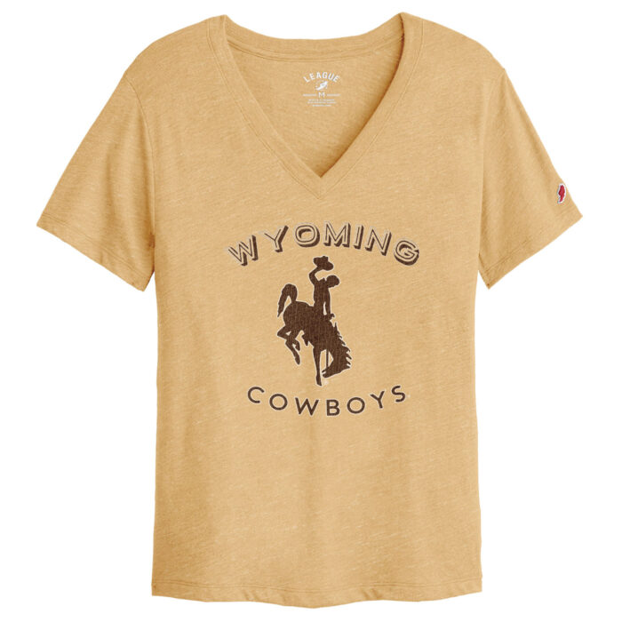 gold v-neck tee with arced wyoming in brown bubble lettering. Bucking horse under in all brown and cowboys below. design is middle tee