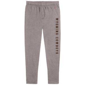 Light brown jogger pants. Wyoming Cowboys in brown going down the left outer leg, near seam.